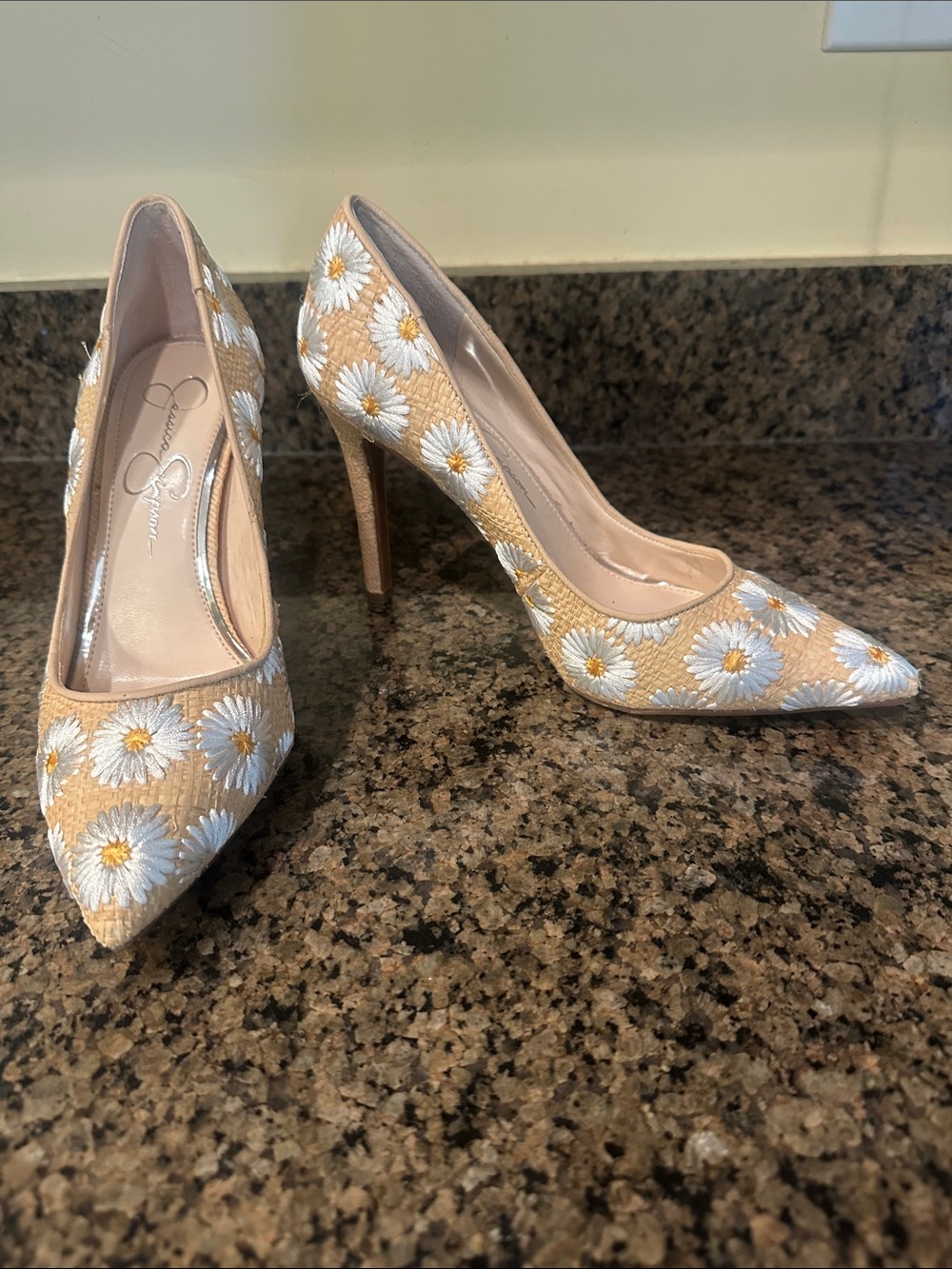 Jessica Simpson Tan Pumps with White Daisy Embroidery